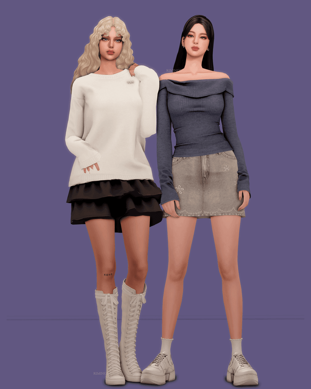Галерея мода Сет одежды Sweater, Denim Skirt, Oversized Sweater & Ruffle Skirt #1
